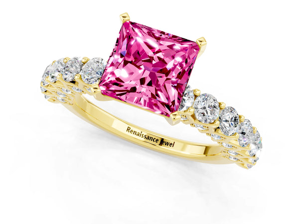 Yellow gold Princess Cut Pink Sapphire Solitaire Ring with Shared Prong Pavé Band and Four-Prong Setting