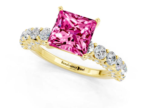 Yellow gold Princess Cut Pink Sapphire Solitaire Ring with Shared Prong Pavé Band and Four-Prong Setting_1