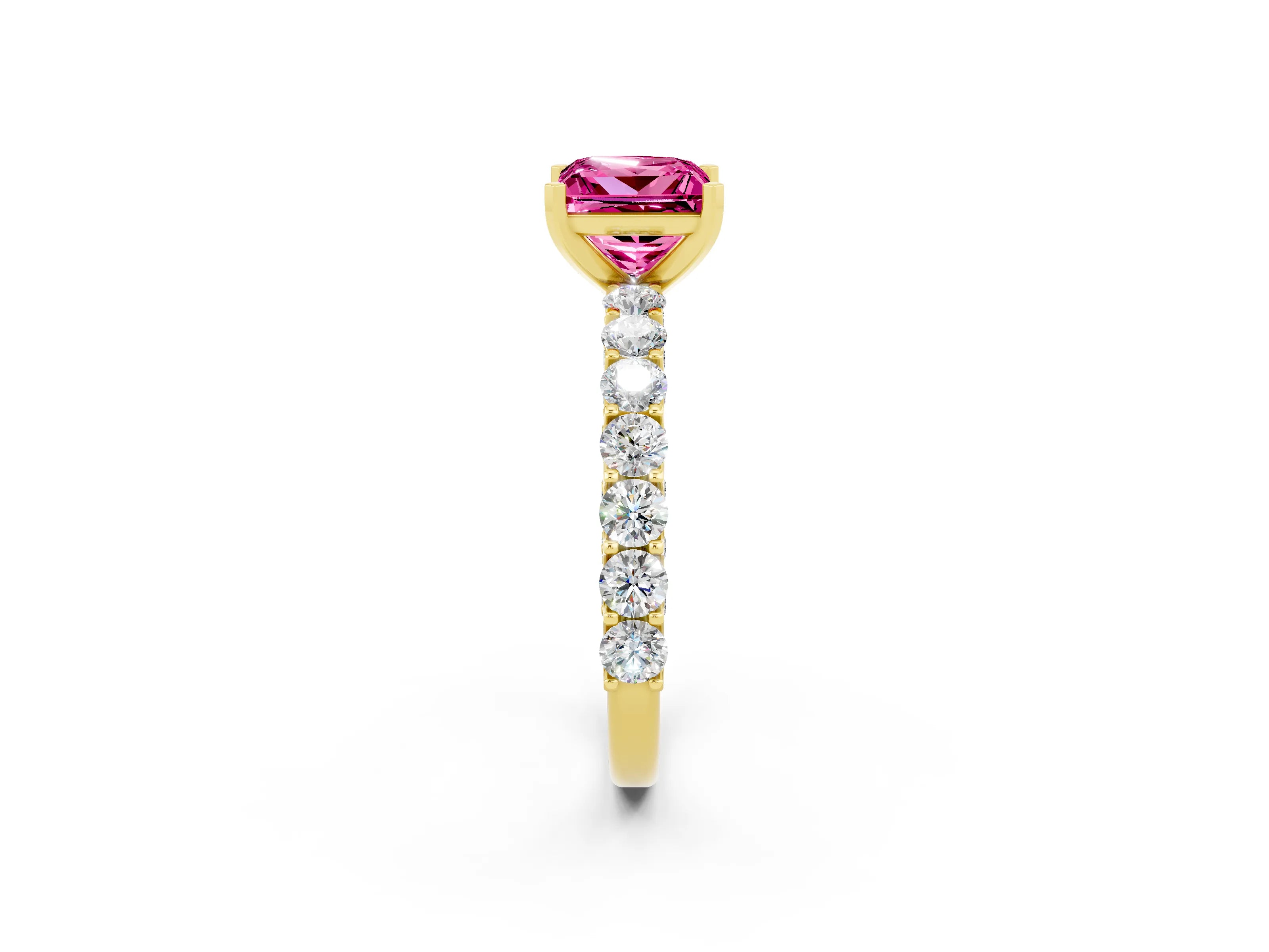 Yellow gold Princess Cut Pink Sapphire Solitaire Ring with Shared Prong Pavé Band and Four-Prong Setting_2