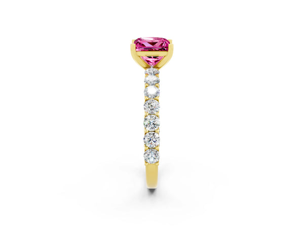 Yellow gold Princess Cut Pink Sapphire Solitaire Ring with Shared Prong Pavé Band and Four-Prong Setting