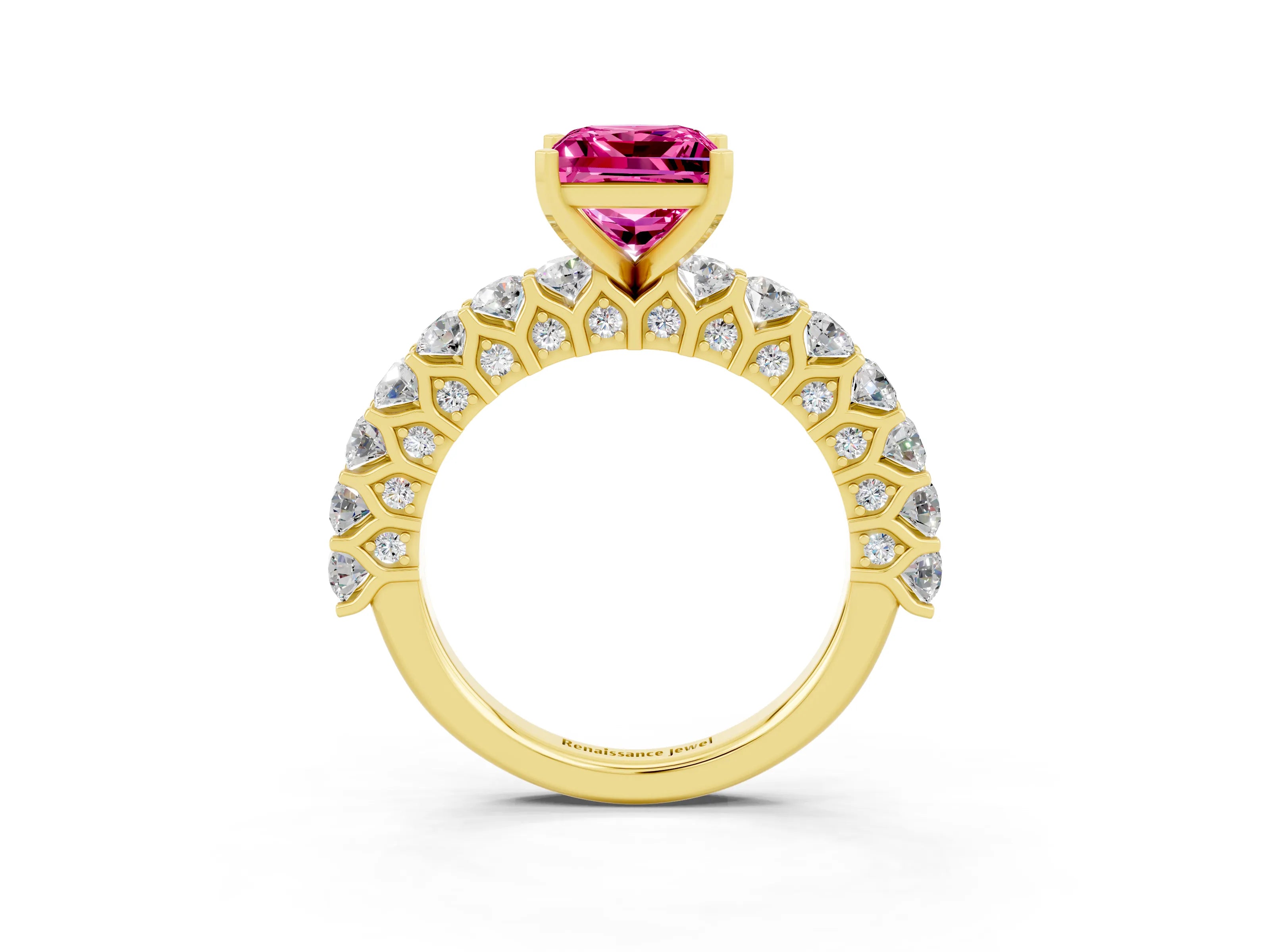 Yellow gold Princess Cut Pink Sapphire Solitaire Ring with Shared Prong Pavé Band and Four-Prong Setting_3