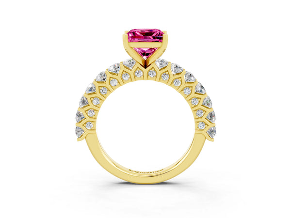 Yellow gold Princess Cut Pink Sapphire Solitaire Ring with Shared Prong Pavé Band and Four-Prong Setting