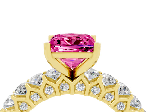 Yellow gold Princess Cut Pink Sapphire Solitaire Ring with Shared Prong Pavé Band and Four-Prong Setting_4