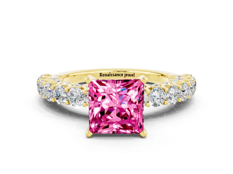 Yellow gold Princess Cut Pink Sapphire Solitaire Ring with Shared Prong Pavé Band and Four-Prong Setting