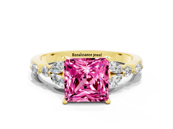 Yellow gold Princess Cut Pink Sapphire Solitaire Ring with Side Stones and Four-Prong Setting