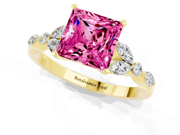 Yellow gold Princess Cut Pink Sapphire Solitaire Ring with Side Stones and Four-Prong Setting