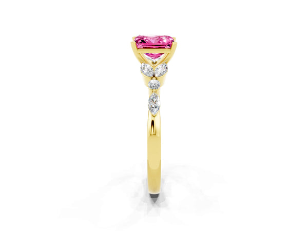 Yellow gold Princess Cut Pink Sapphire Solitaire Ring with Side Stones and Four-Prong Setting