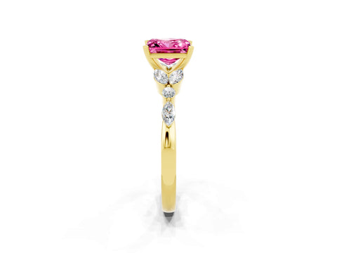 Yellow gold Princess Cut Pink Sapphire Solitaire Ring with Side Stones and Four-Prong Setting_14