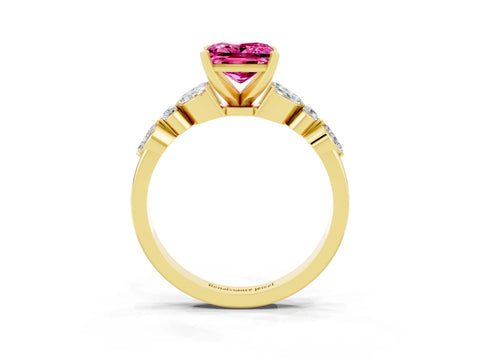 Yellow gold Princess Cut Pink Sapphire Solitaire Ring with Side Stones and Four-Prong Setting_15