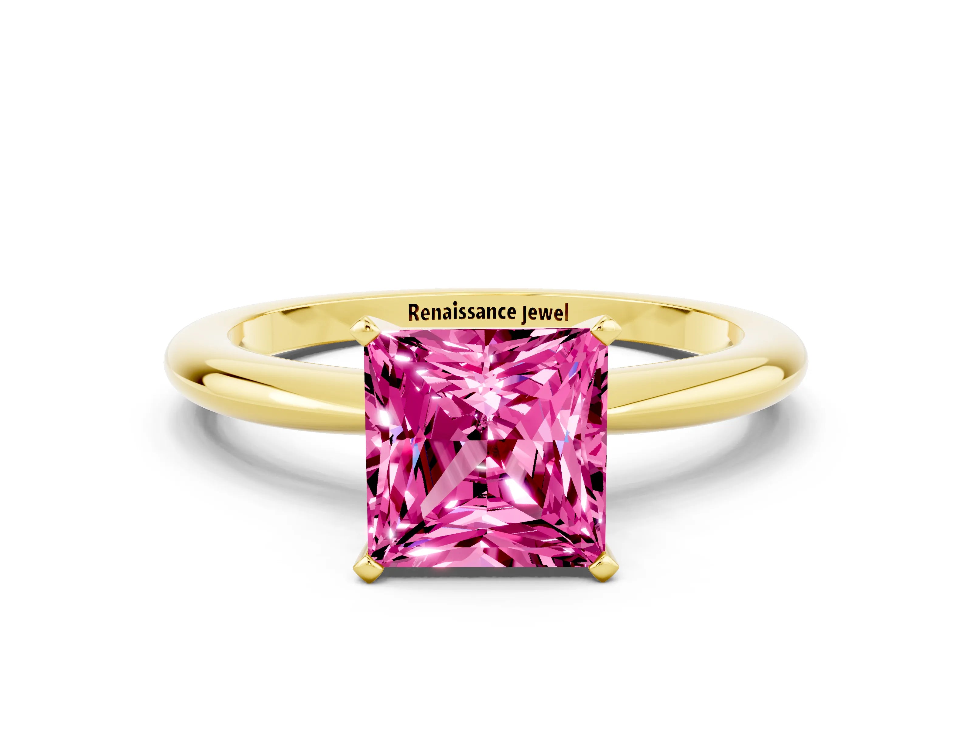 Yellow gold Princess Cut Pink Sapphire Solitaire Ring with Six-Prong Setting and Classic Band