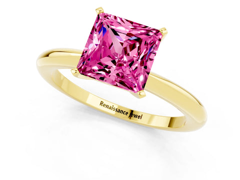 Yellow gold Princess Cut Pink Sapphire Solitaire Ring with Six-Prong Setting and Classic Band_1