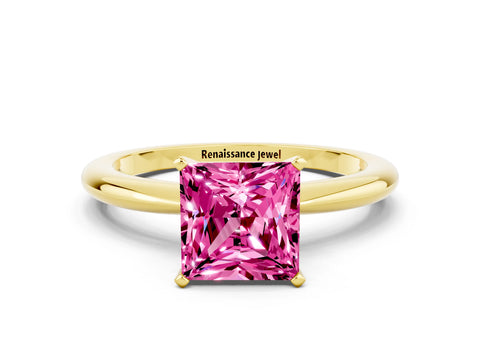 Yellow gold Princess Cut Pink Sapphire Solitaire Ring with Six-Prong Setting and Classic Band