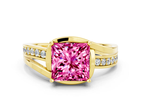 Yellow gold Princess Cut Pink Sapphire Solitaire Ring with Split Shank and Prong Setting