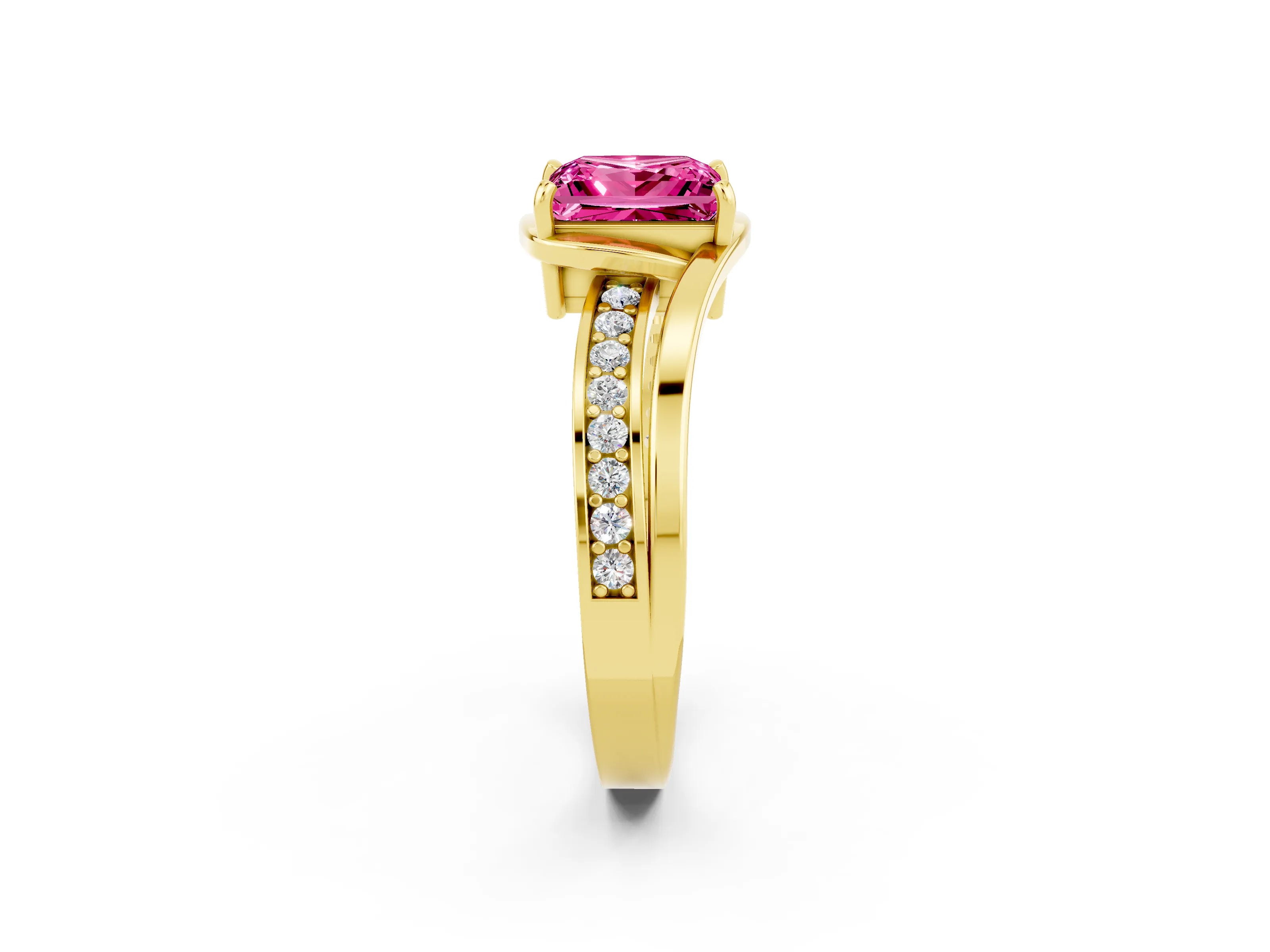 Yellow gold Princess Cut Pink Sapphire Solitaire Ring with Split Shank and Prong Setting_2