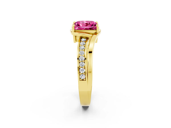 Yellow gold Princess Cut Pink Sapphire Solitaire Ring with Split Shank and Prong Setting