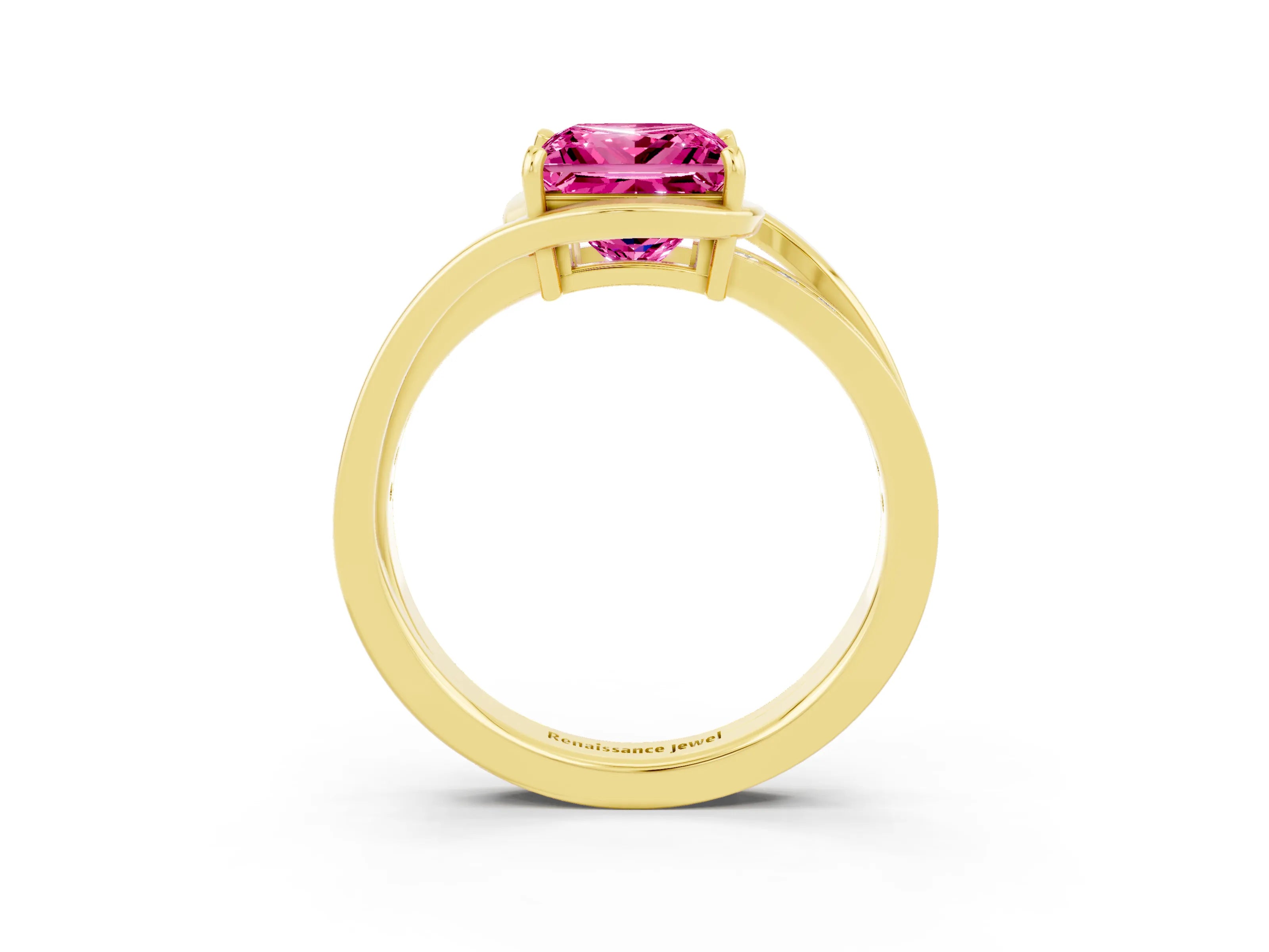 Yellow gold Princess Cut Pink Sapphire Solitaire Ring with Split Shank and Prong Setting_3
