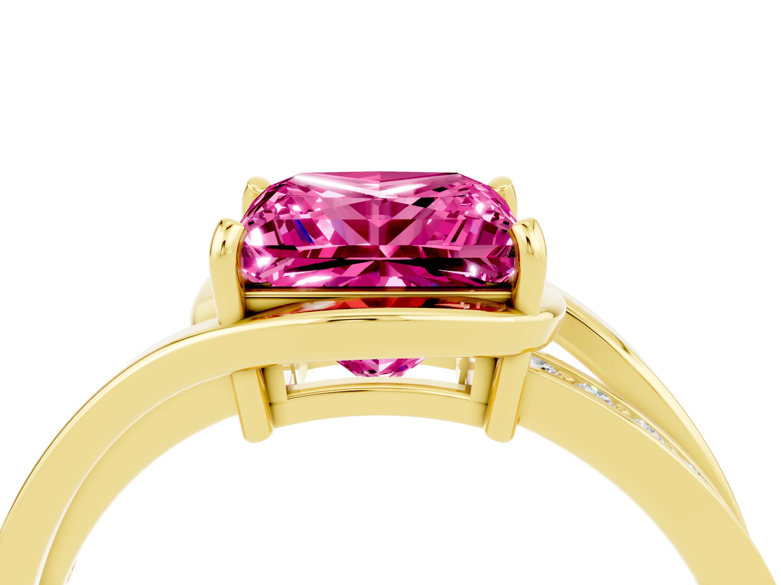 Yellow gold Princess Cut Pink Sapphire Solitaire Ring with Split Shank and Prong Setting_4