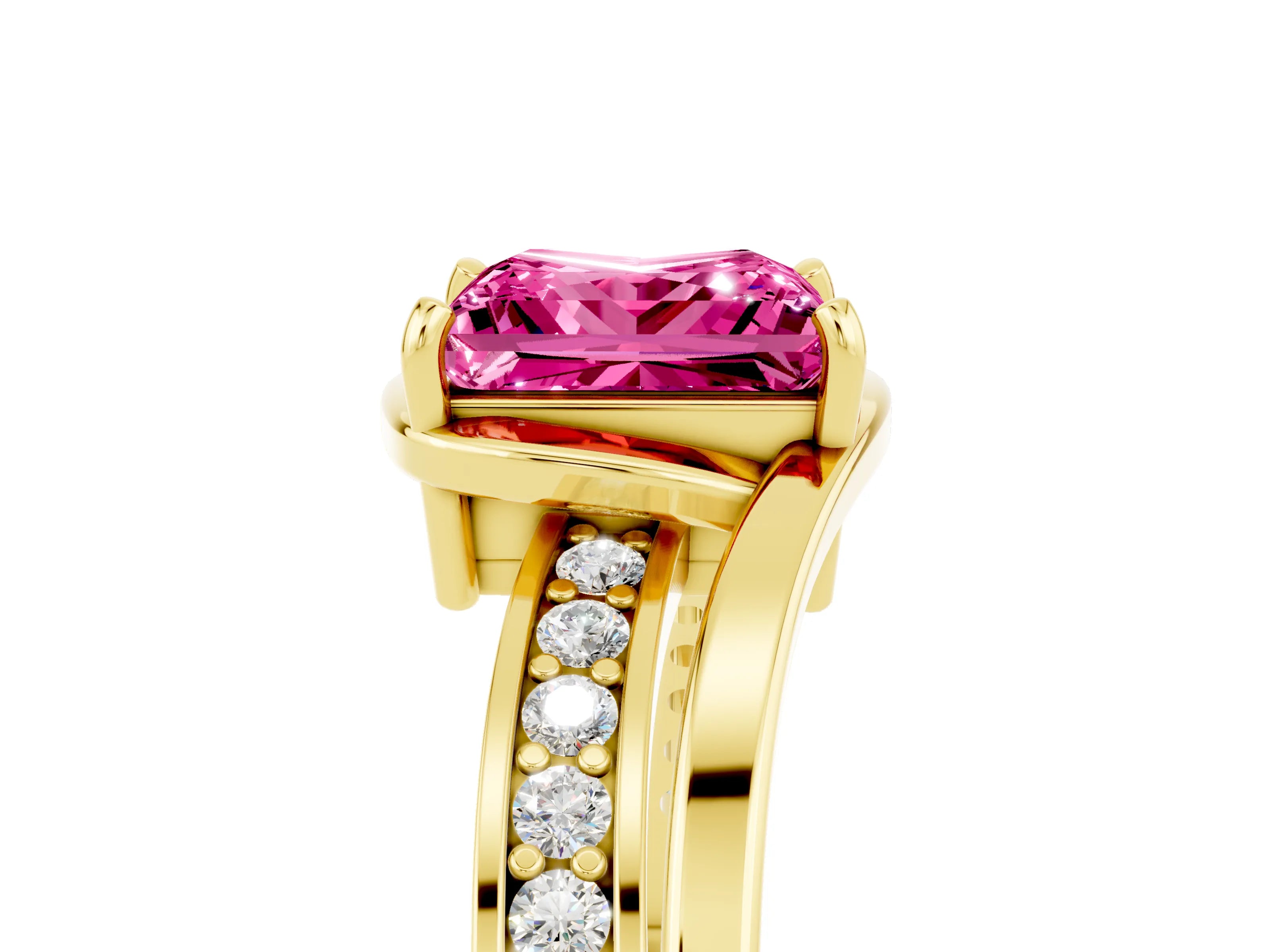 Yellow gold Princess Cut Pink Sapphire Solitaire Ring with Split Shank and Prong Setting_5
