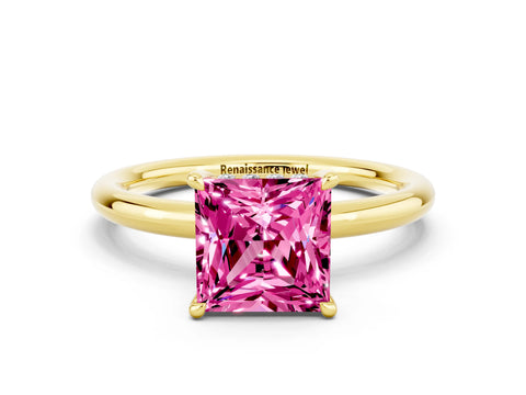 Yellow gold Princess Cut Pink Sapphire Solitaire Ring with Thin Band and Four-Prong Setting_24