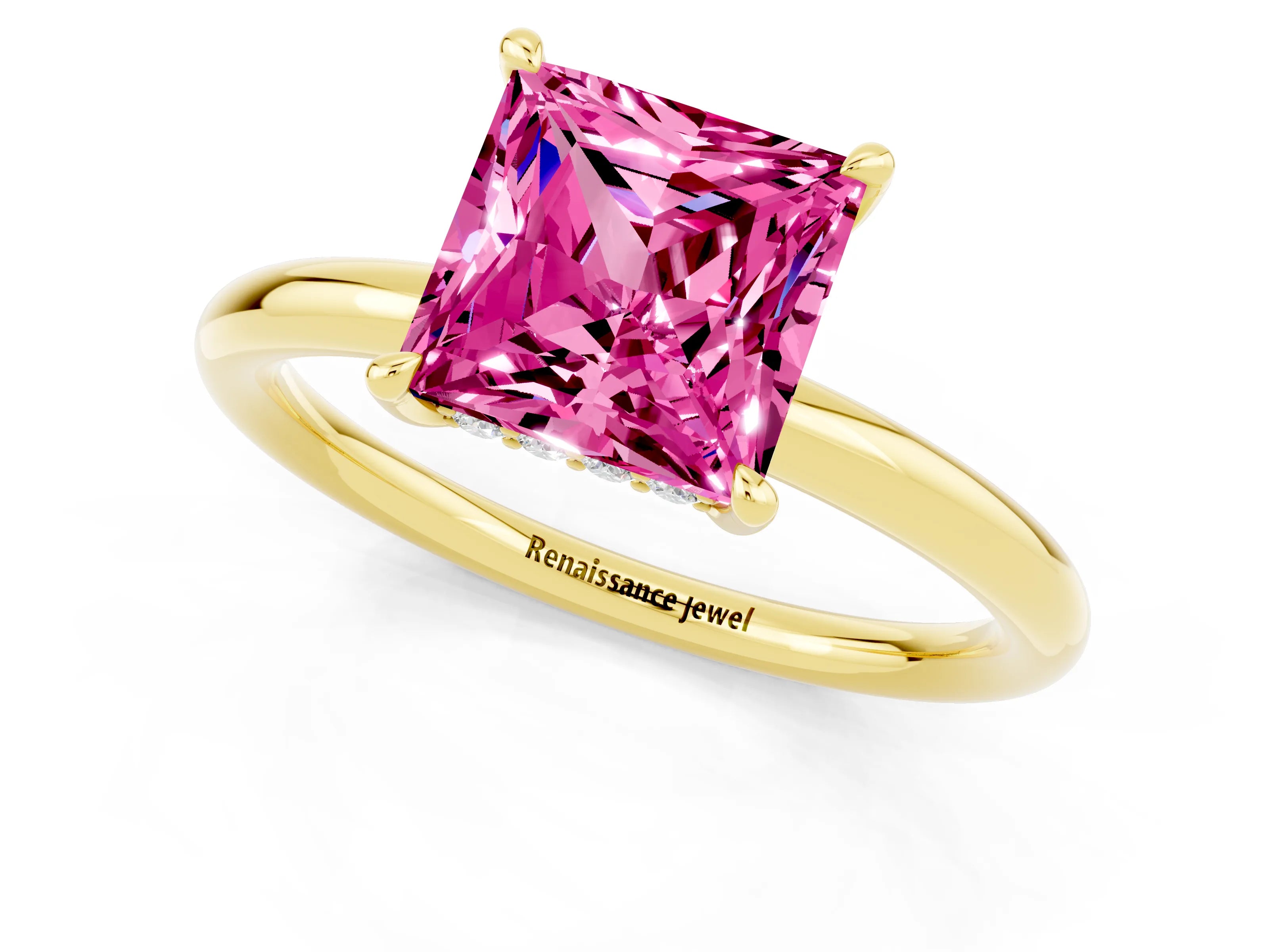 Yellow gold Princess Cut Pink Sapphire Solitaire Ring with Thin Band and Four-Prong Setting_25