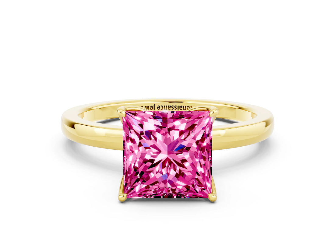Yellow gold Princess Cut Pink Sapphire Solitaire Ring with Thin Band and Prong Setting_12