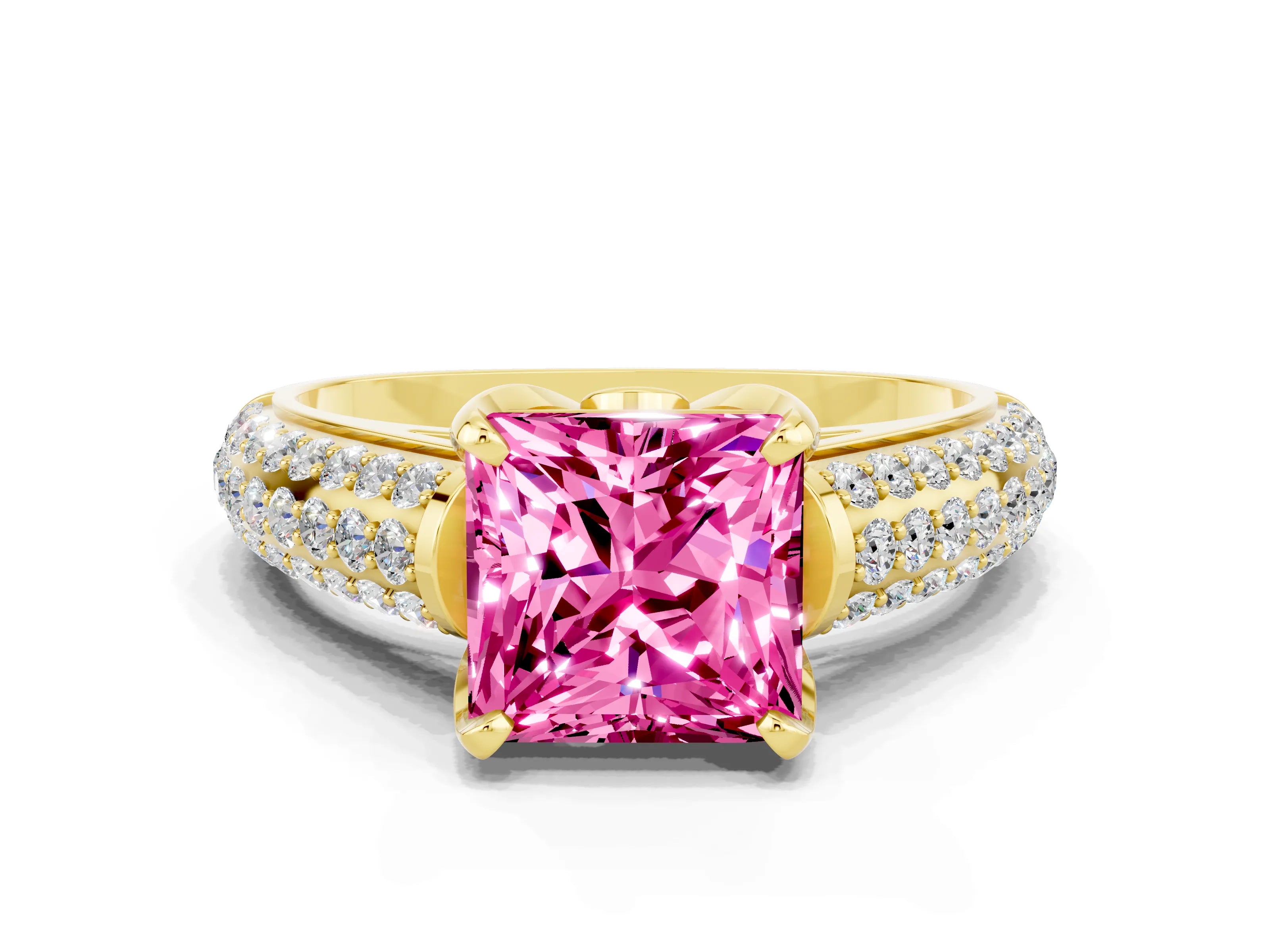 Yellow gold Princess Cut Pink Sapphire Solitaire Ring with Three-Row Pavé Band and Four-Prong Setting_12