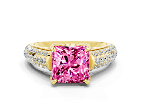 Yellow gold Princess Cut Pink Sapphire Solitaire Ring with Three-Row Pavé Band and Four-Prong Setting_12