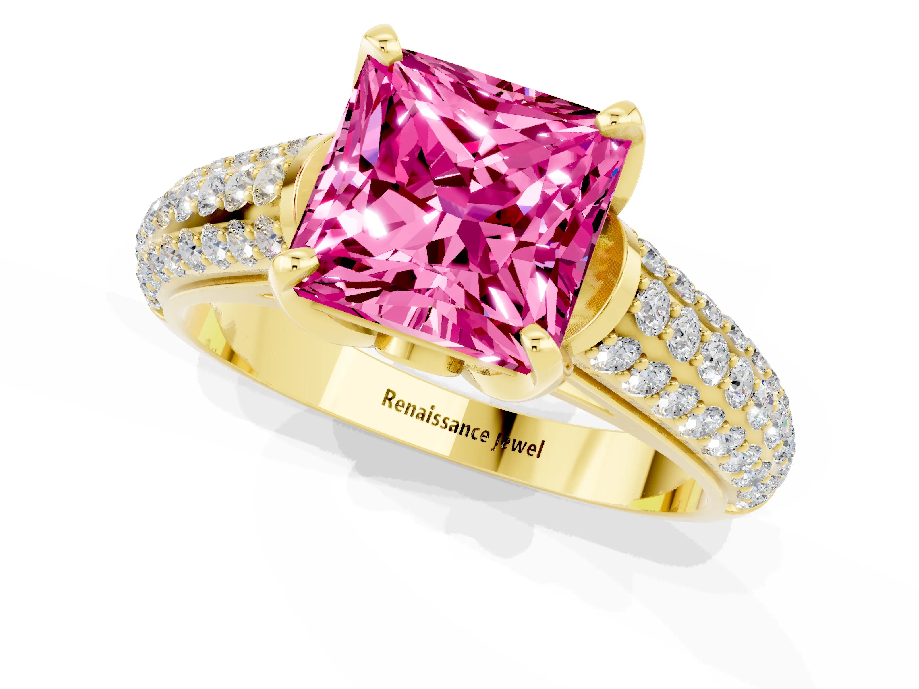 Yellow gold Princess Cut Pink Sapphire Solitaire Ring with Three-Row Pavé Band and Four-Prong Setting_13