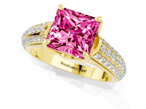 Yellow gold Princess Cut Pink Sapphire Solitaire Ring with Three-Row Pavé Band and Four-Prong Setting_13