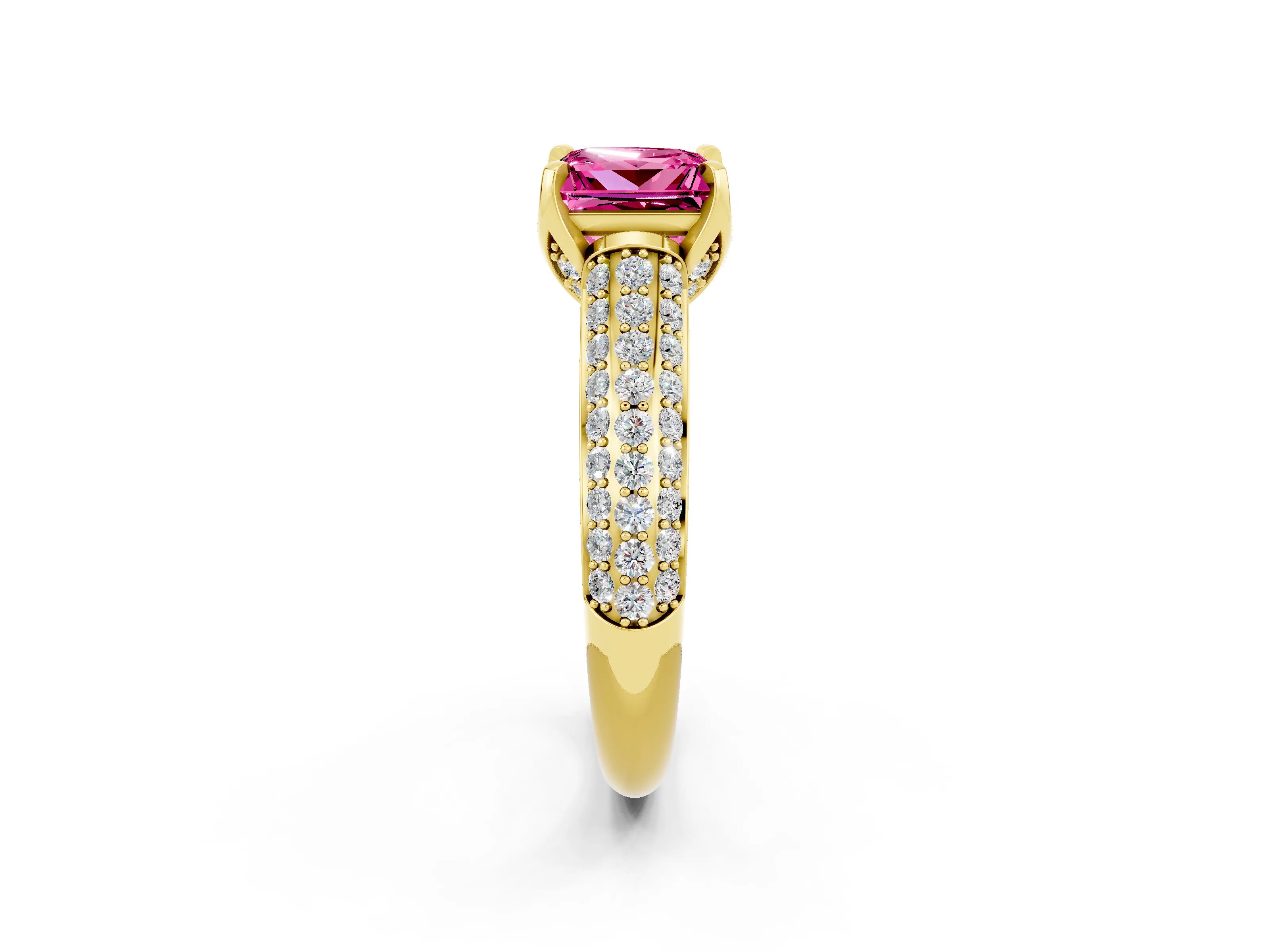 Yellow gold Princess Cut Pink Sapphire Solitaire Ring with Three-Row Pavé Band and Four-Prong Setting_14