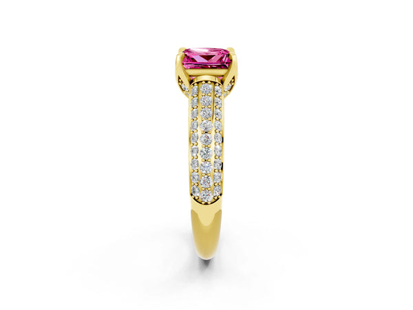 Yellow gold Princess Cut Pink Sapphire Solitaire Ring with Three-Row Pavé Band and Four-Prong Setting