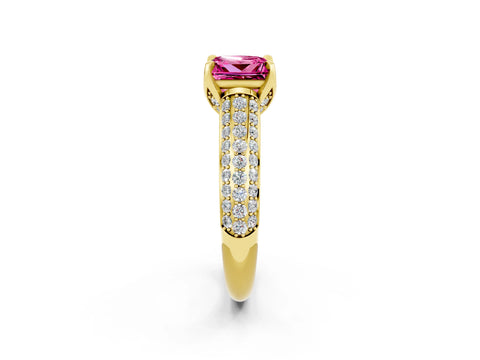 Yellow gold Princess Cut Pink Sapphire Solitaire Ring with Three-Row Pavé Band and Four-Prong Setting_14