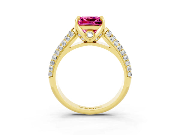 Yellow gold Princess Cut Pink Sapphire Solitaire Ring with Three-Row Pavé Band and Four-Prong Setting