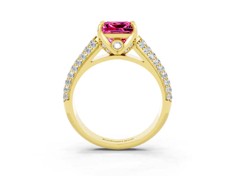 Yellow gold Princess Cut Pink Sapphire Solitaire Ring with Three-Row Pavé Band and Four-Prong Setting_15
