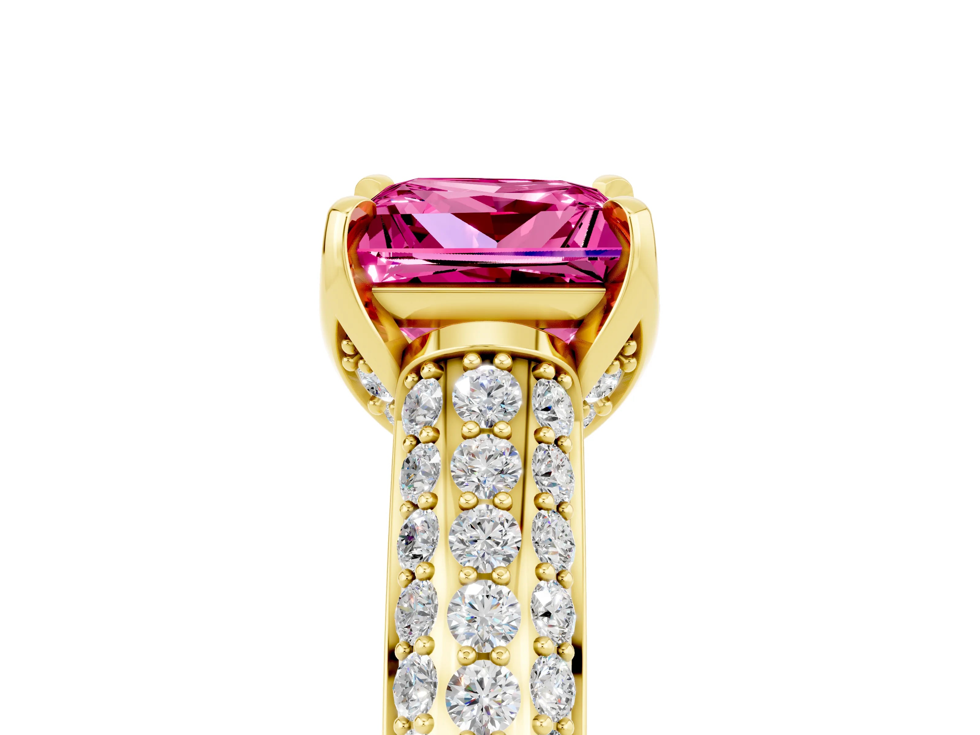 Yellow gold Princess Cut Pink Sapphire Solitaire Ring with Three-Row Pavé Band and Four-Prong Setting_17