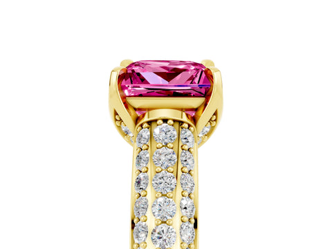 Yellow gold Princess Cut Pink Sapphire Solitaire Ring with Three-Row Pavé Band and Four-Prong Setting_17