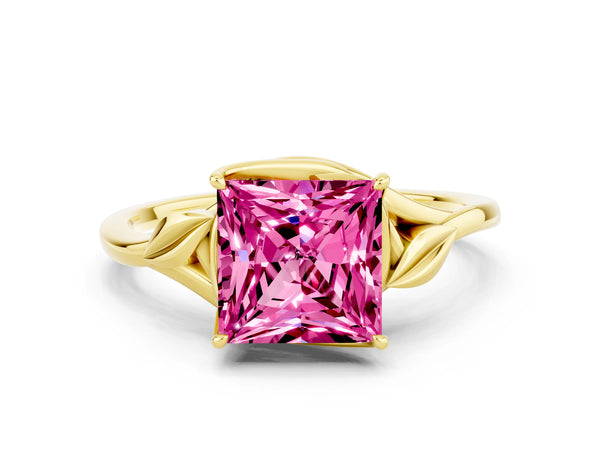 Yellow gold Princess Cut Pink Sapphire Solitaire Ring with Twist Band and Four-Prong Setting