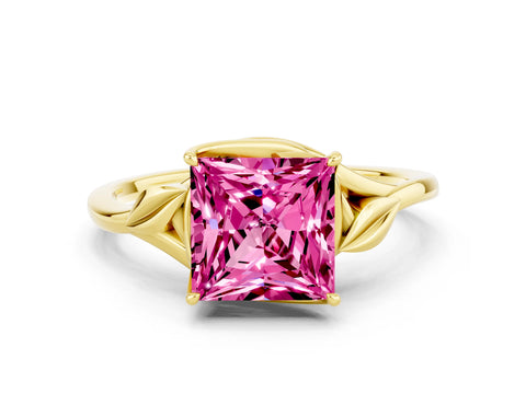 Yellow gold Princess Cut Pink Sapphire Solitaire Ring with Twist Band and Four-Prong Setting_24