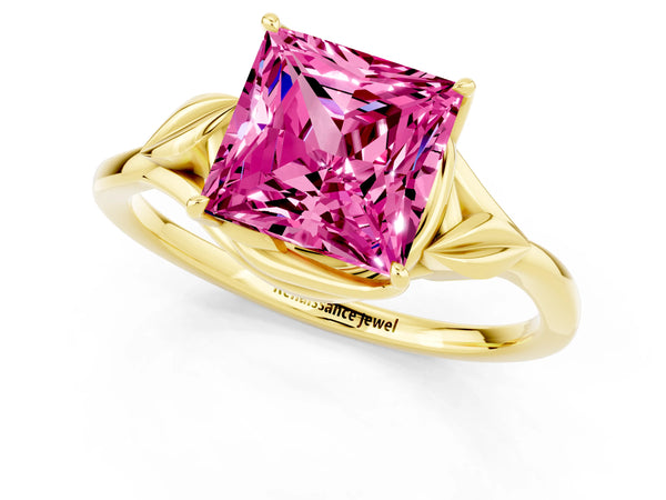 Yellow gold Princess Cut Pink Sapphire Solitaire Ring with Twist Band and Four-Prong Setting