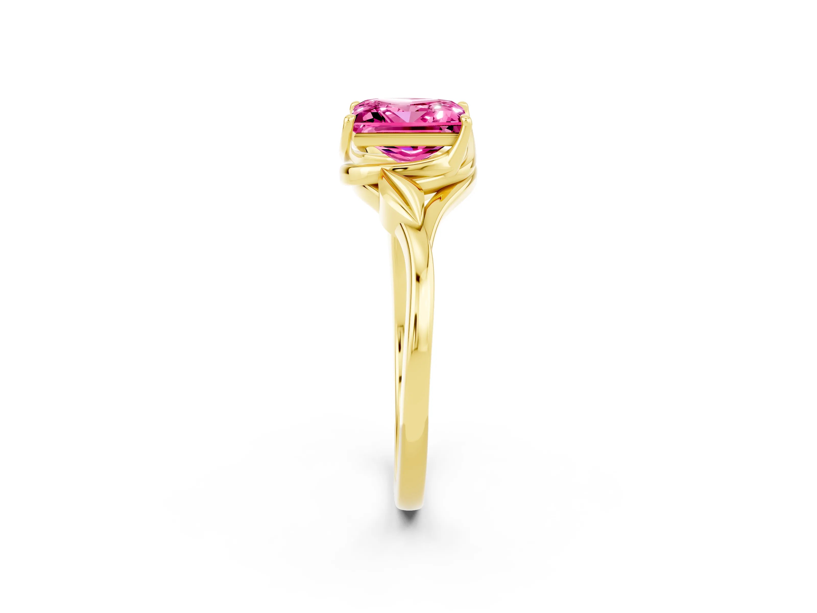 Yellow gold Princess Cut Pink Sapphire Solitaire Ring with Twist Band and Four-Prong Setting_26