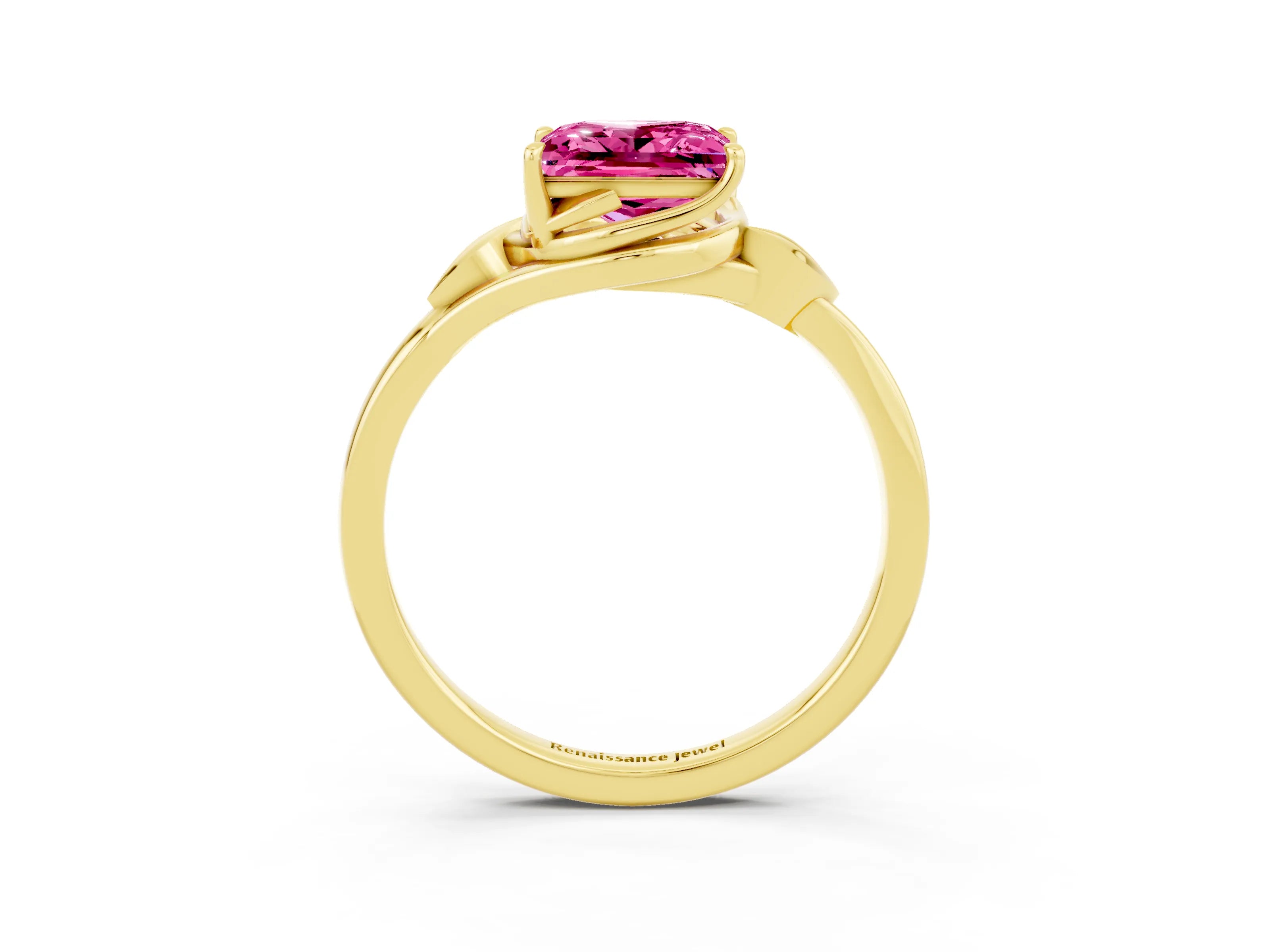Yellow gold Princess Cut Pink Sapphire Solitaire Ring with Twist Band and Four-Prong Setting_27