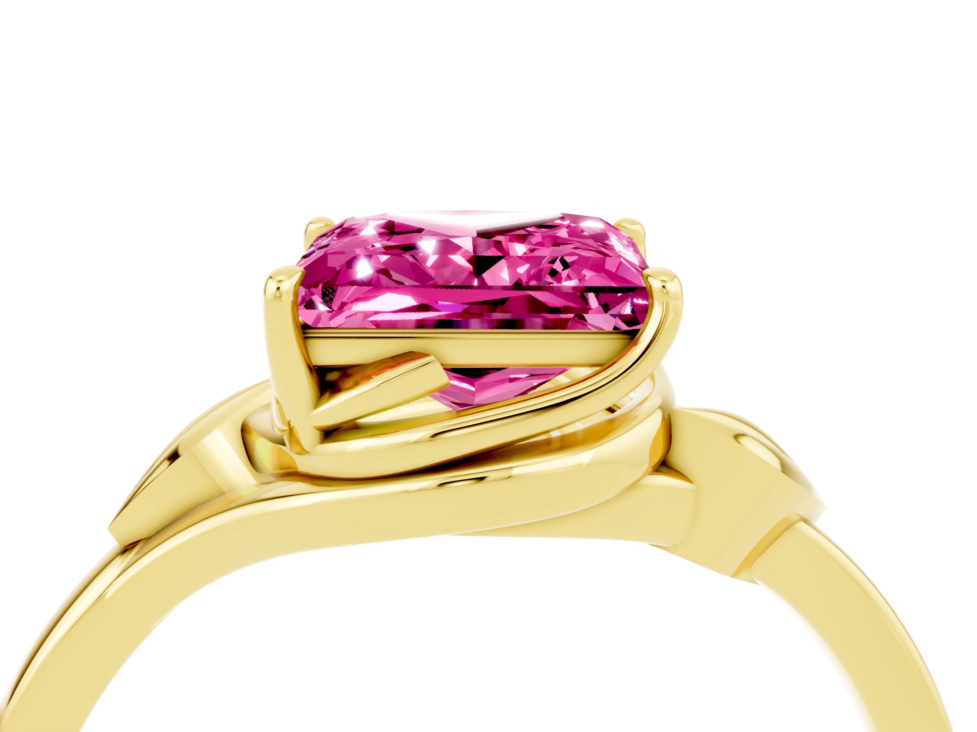 Yellow gold Princess Cut Pink Sapphire Solitaire Ring with Twist Band and Four-Prong Setting_28