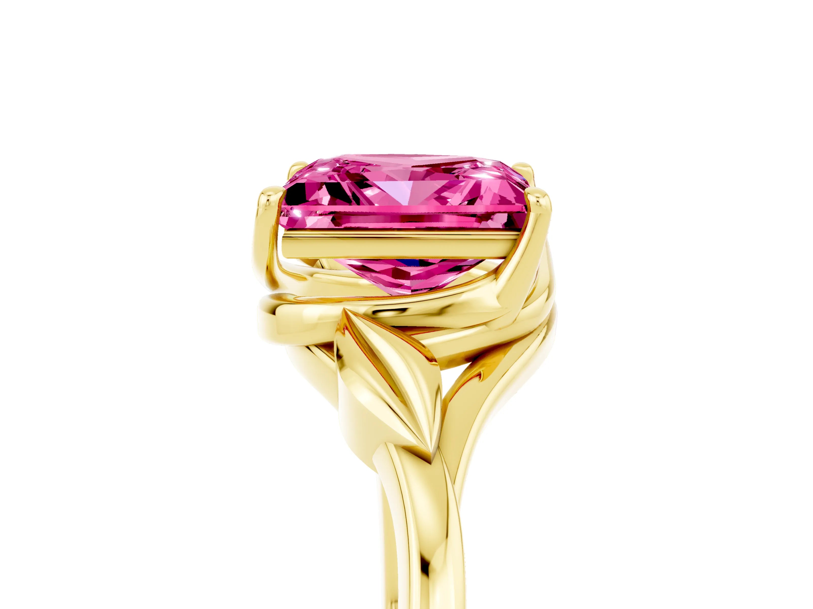 Yellow gold Princess Cut Pink Sapphire Solitaire Ring with Twist Band and Four-Prong Setting_29