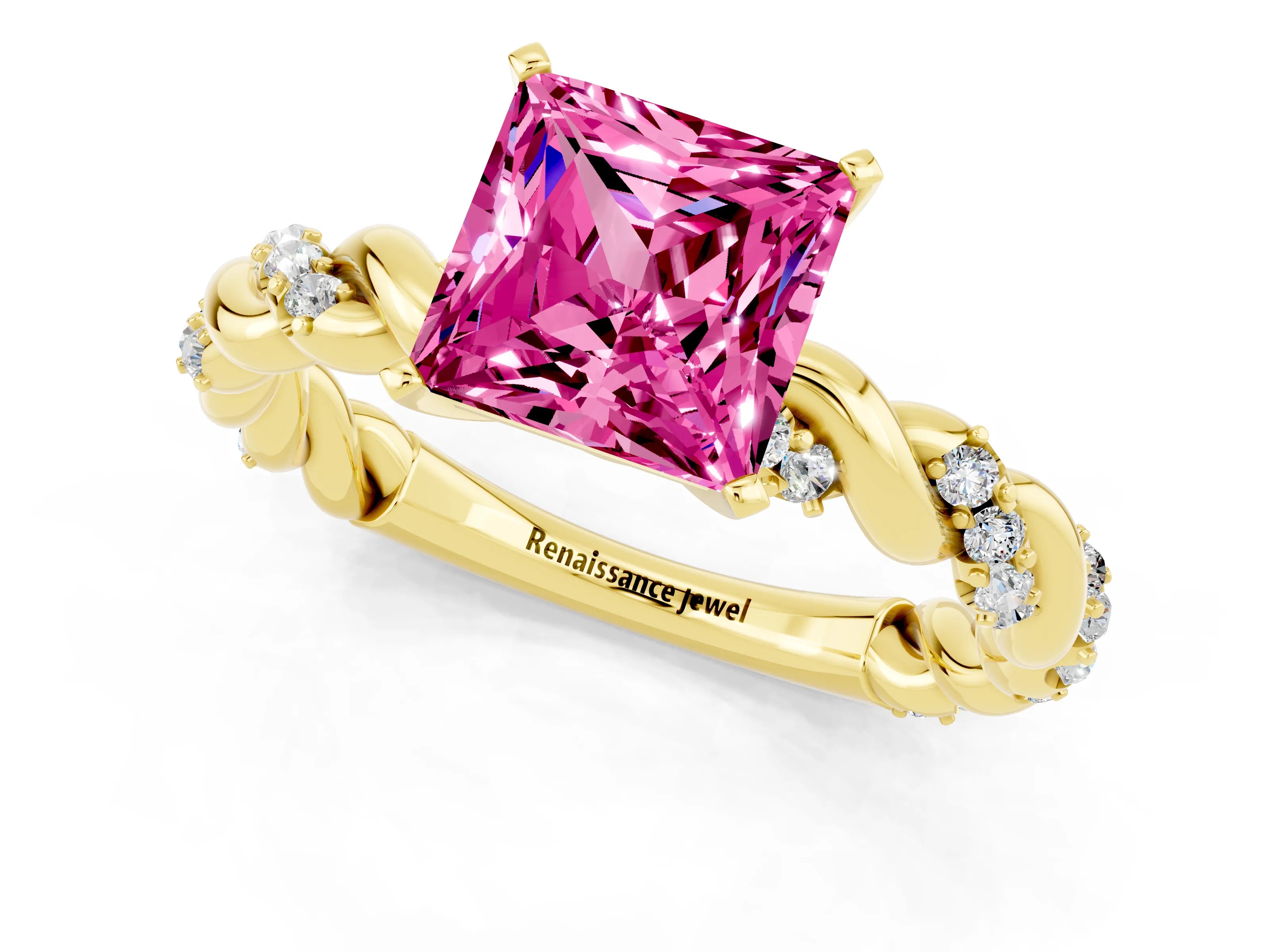 Yellow gold Princess Cut Pink Sapphire Solitaire Ring with Twisted Band and Pavé Accents_1