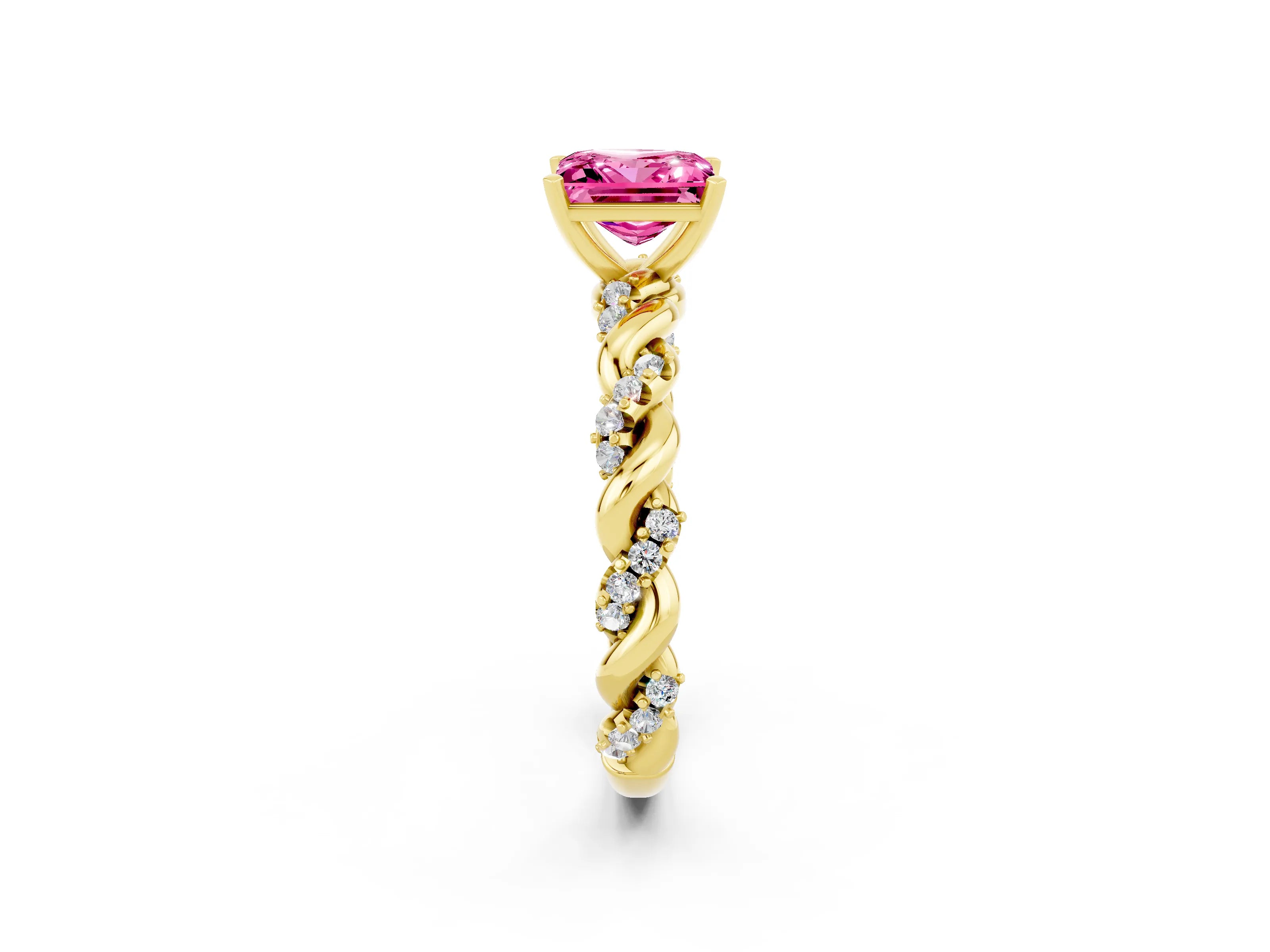 Yellow gold Princess Cut Pink Sapphire Solitaire Ring with Twisted Band and Pavé Accents_2