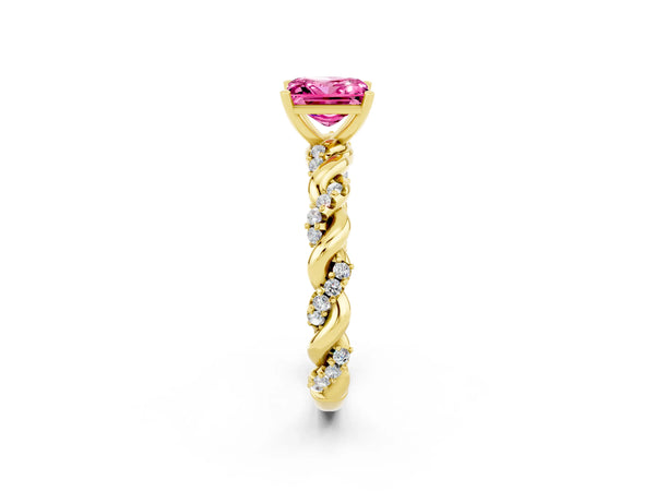 Yellow gold Princess Cut Pink Sapphire Solitaire Ring with Twisted Band and Pavé Accents