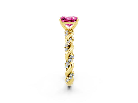 Yellow gold Princess Cut Pink Sapphire Solitaire Ring with Twisted Band and Pavé Accents_2