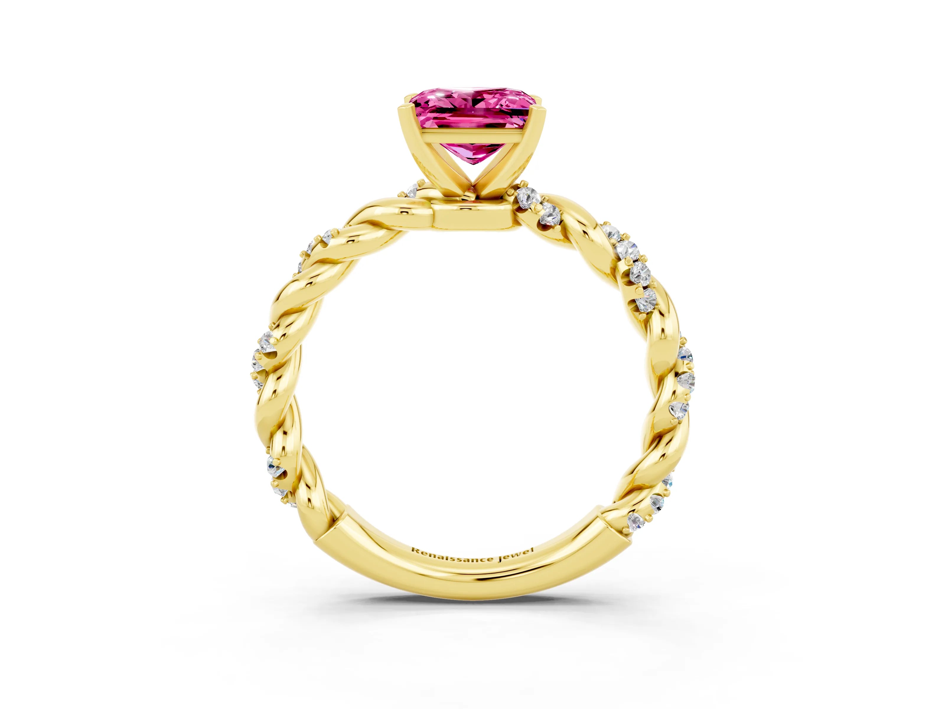 Yellow gold Princess Cut Pink Sapphire Solitaire Ring with Twisted Band and Pavé Accents_3