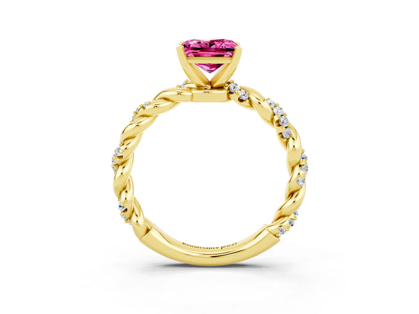 Yellow gold Princess Cut Pink Sapphire Solitaire Ring with Twisted Band and Pavé Accents