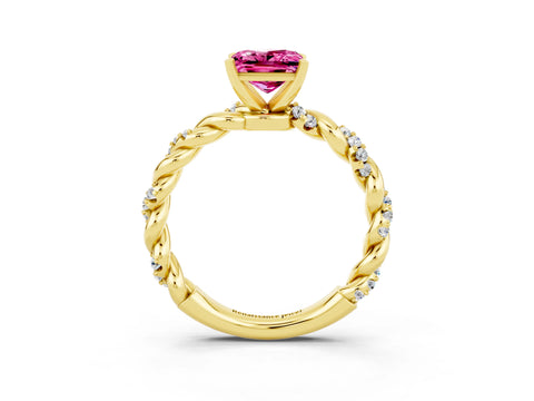 Yellow gold Princess Cut Pink Sapphire Solitaire Ring with Twisted Band and Pavé Accents_3